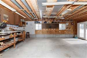 Basement featuring plenty of natural light and a workshop area