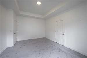 Unfurnished room with a tray ceiling and carpet floors