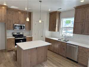 Kitchen featuring light hardwood / wood-style floors, a center island, sink, decorative light fixtures, and appliances with stainless steel finishes