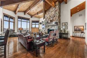 Floor to ceiling native stone fireplace