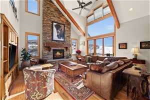 Great Room with statement fireplace and incredible views.
