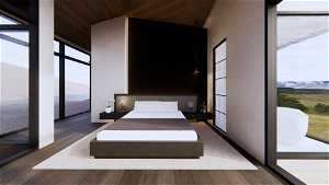 Bedroom featuring dark hardwood / wood-style flooring, wooden ceiling, multiple windows, and a mountain view