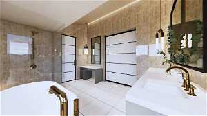 Bathroom with vanity, tile walls, a tub, and tile floors