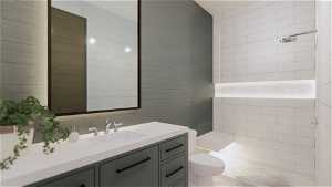 Bathroom with tasteful backsplash, toilet, tile walls, and oversized vanity
