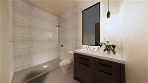 Bathroom featuring tile walls, toilet, a tile shower, large vanity, and tile floors