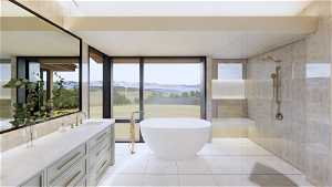 Bathroom featuring a mountain view, a healthy amount of sunlight, vanity, and tile flooring