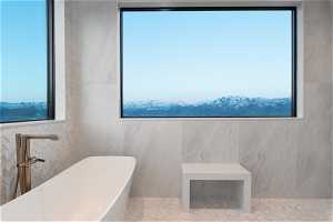 Bathroom with a wealth of natural light, a mountain view, and a washtub