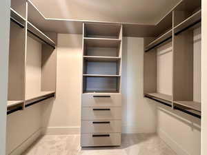 Walk in closet featuring light colored carpet