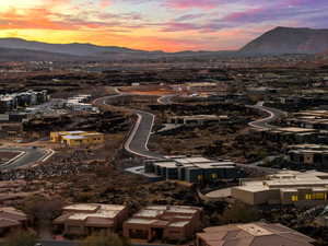 Aerial view at dusk with a mountain view