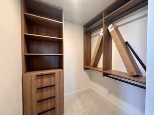 Walk in closet featuring light carpet