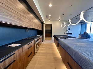 Kitchen featuring stainless steel appliances, light wood-type flooring, premium range hood, and hanging light fixtures