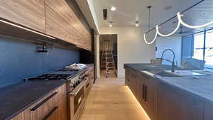 Kitchen featuring dark stone counters, high end stainless steel range oven, sink, pendant lighting, and light hardwood / wood-style floors