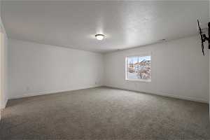 Unfurnished room with a textured ceiling and carpet