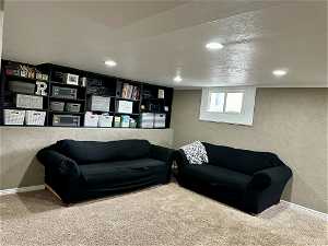 Carpeted family room featuring a textured ceiling