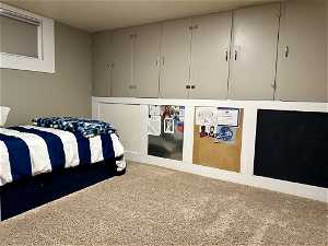 Carpeted bedroom with a closet and ample storage