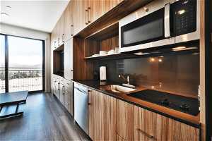 Kitchen featuring sink, dark wood-type flooring, and stainless steel appliances