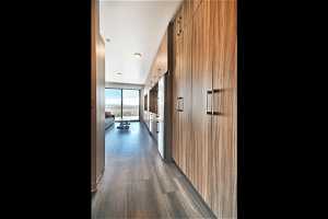 Hallway with dark hardwood / wood-style flooring and a barn door