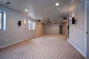 Basement media room with carpet