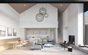 Living room with light wood-type flooring, sink, and high vaulted ceiling