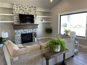 Fireplace with Natural Stone and Custom Mantle