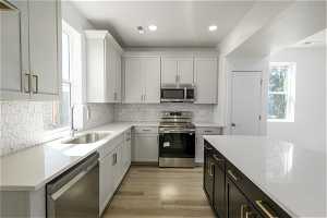 Kitchen featuring appliances with stainless steel finishes, white cabinetry, light hardwood / wood-style floors, and sink
