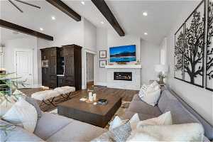 Living room beam ceiling, and ceiling fan