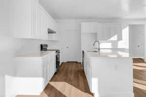Kitchen featuring light stone countertops, electric stove, white cabinets, and an island with sink