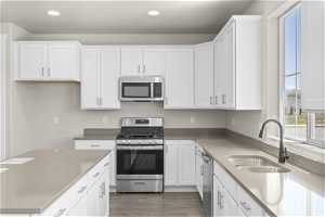 Kitchen featuring white cabinetry, hardwood / wood-style flooring, sink, and stainless steel appliances
