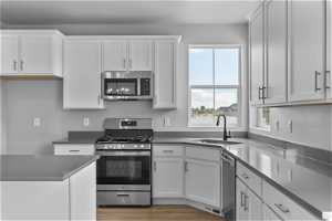 Kitchen featuring stainless steel appliances, white cabinets, and sink