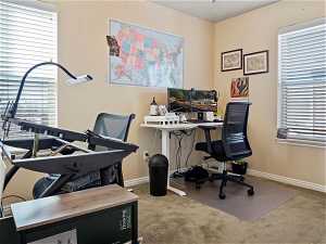 Office with light colored carpet and plenty of natural light