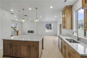 Kitchen with sink, stainless steel dishwasher, a center island, light hardwood / wood-style floors, and pendant lighting