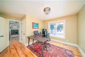 Office with light hardwood / wood-style floors and ceiling fan