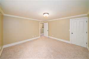 Spare room with ornamental molding and light carpet