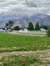 View of mountain and alfalfa field