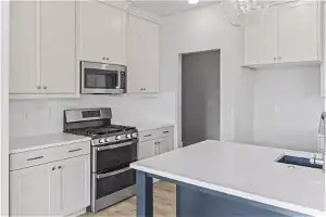 Kitchen with backsplash, stainless steel appliances, light hardwood / wood-style floors, and white cabinets