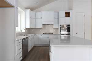 Kitchen with a kitchen island, white cabinetry, and dishwasher