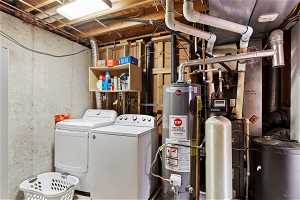 Utility room featuring washer and clothes dryer and gas water heater