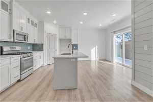 Kitchen featuring sink, light hardwood / wood-style flooring, backsplash, white cabinets, and stainless steel appliances