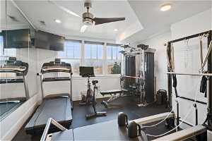Large workout room with weight equipment, and sauna