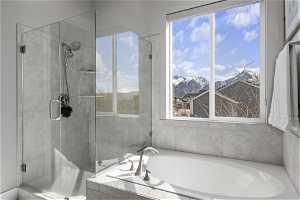 Bathroom with shower with separate bathtub and a mountain view