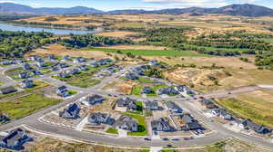 Aerial view with a water and mountain view