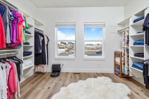 Master walk in closet with light LVP flooring