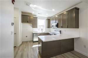 Kitchen featuring light hardwood / wood-style floors, stainless steel appliances, kitchen peninsula, backsplash, and sink