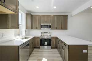 Kitchen with light hardwood / wood-style flooring, tasteful backsplash, appliances with stainless steel finishes, and sink