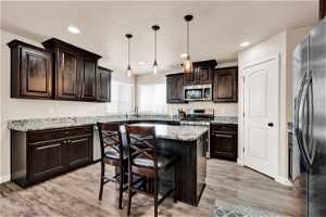 Kitchen with recessed lighting, decorative light fixtures, windows above sink, a kitchen island, light wood-style flooring, stainless steel appliances, dark brown cabinets and food pantry.