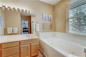 Primary bathroom with double vanity, soaking tub, and shower.