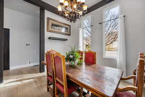 Dining area featuring a notable chandelier and light hardwood / wood-style floors