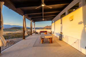 View of terrace featuring a balcony and a mountain view