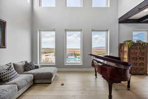 Living room with plenty of natural light, light hardwood / wood-style flooring, and a towering ceiling