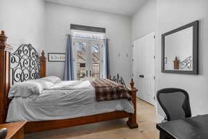 Bedroom with access to outside, light wood-type flooring, and french doors